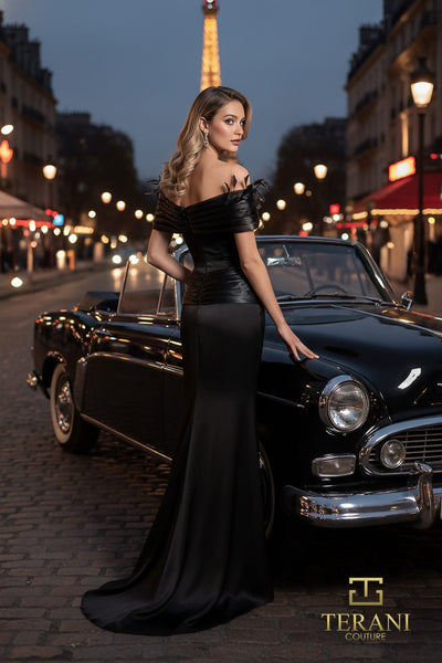 Terani Couture 261E6235 Glamorous Off-Shoulder Sheath Evening Crepe Back Satin Dress