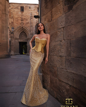 Terani Couture 261E6238 Glamorous Formal Strapless Mermaid Corset Beaded Mikado Dress