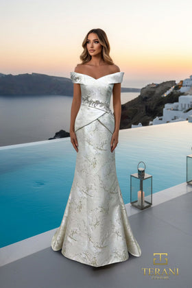 Terani Couture 261E6252 Off-Shoulder Trumpet Beaded Embroidered Formal Jacquard Dress