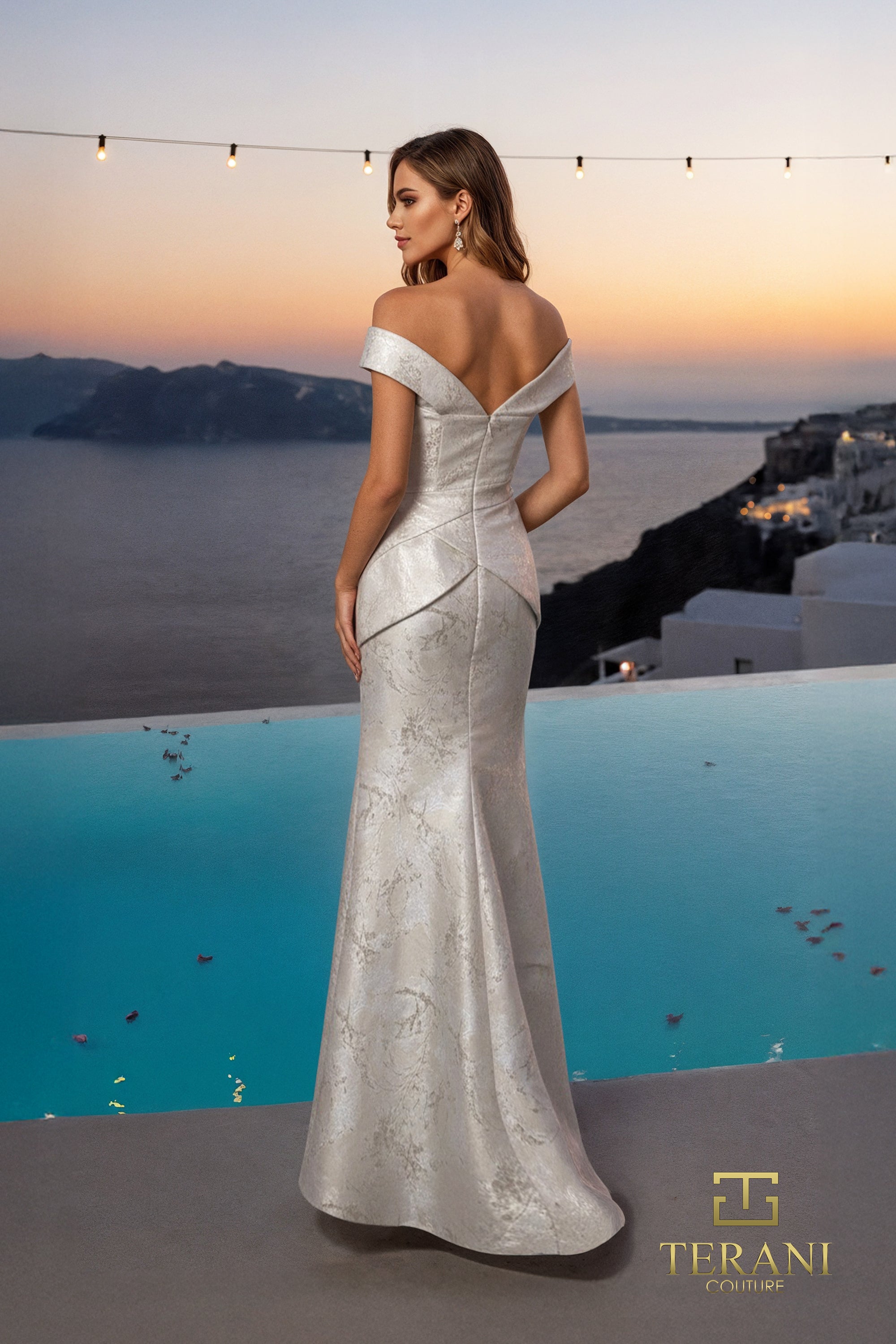 Terani Couture 261E6252 Off-Shoulder Trumpet Beaded Embroidered Formal Jacquard Dress
