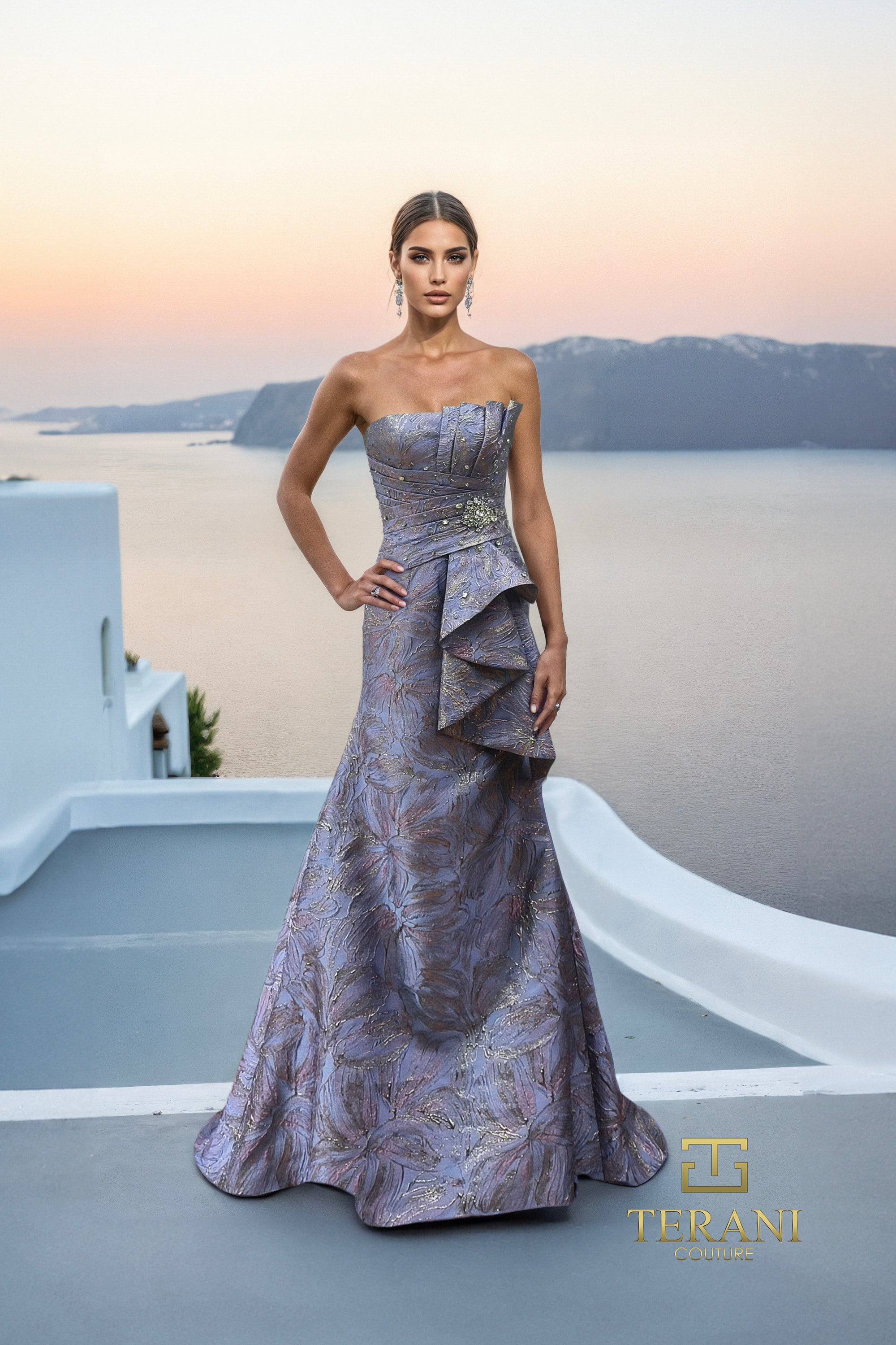 Terani Couture 261E6269 - Pleated Bodice Straight Neck Jacquard Gown In Blue and Gold