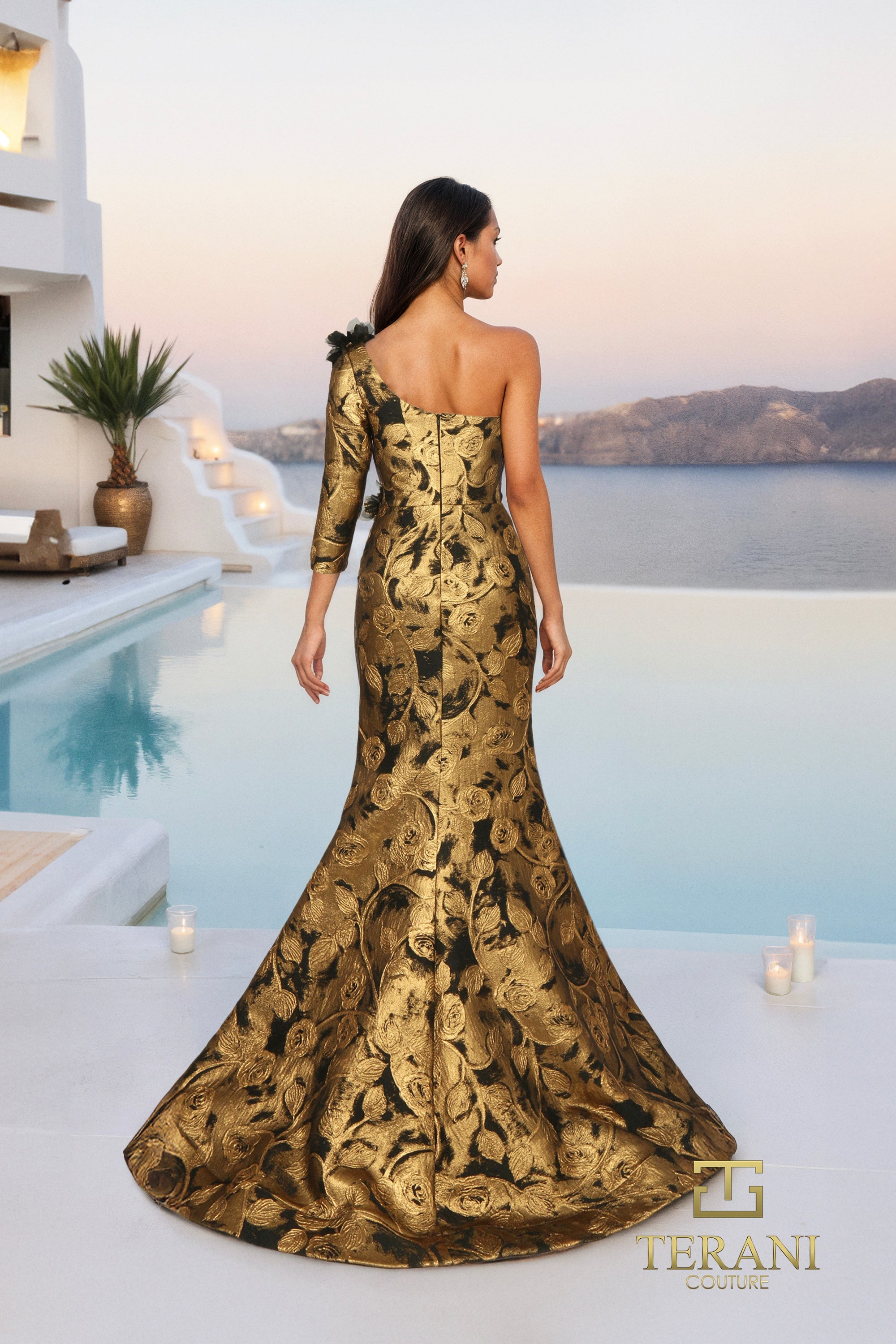 Terani Couture 261E6275 Elegant Evening One-Shoulder Trumpet 3/4 Sleeve Brocade Dress