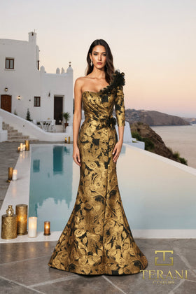 Terani Couture 261E6275 Elegant Evening One-Shoulder Trumpet 3/4 Sleeve Brocade Dress