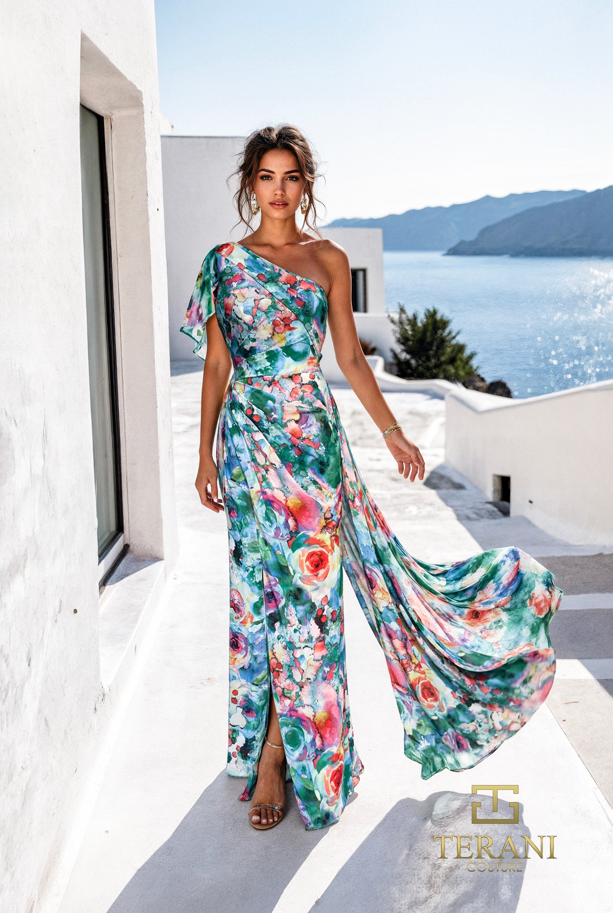 Terani Couture 261E6646 - One Shoulder Multicolor Floral Gown In Green and Multi