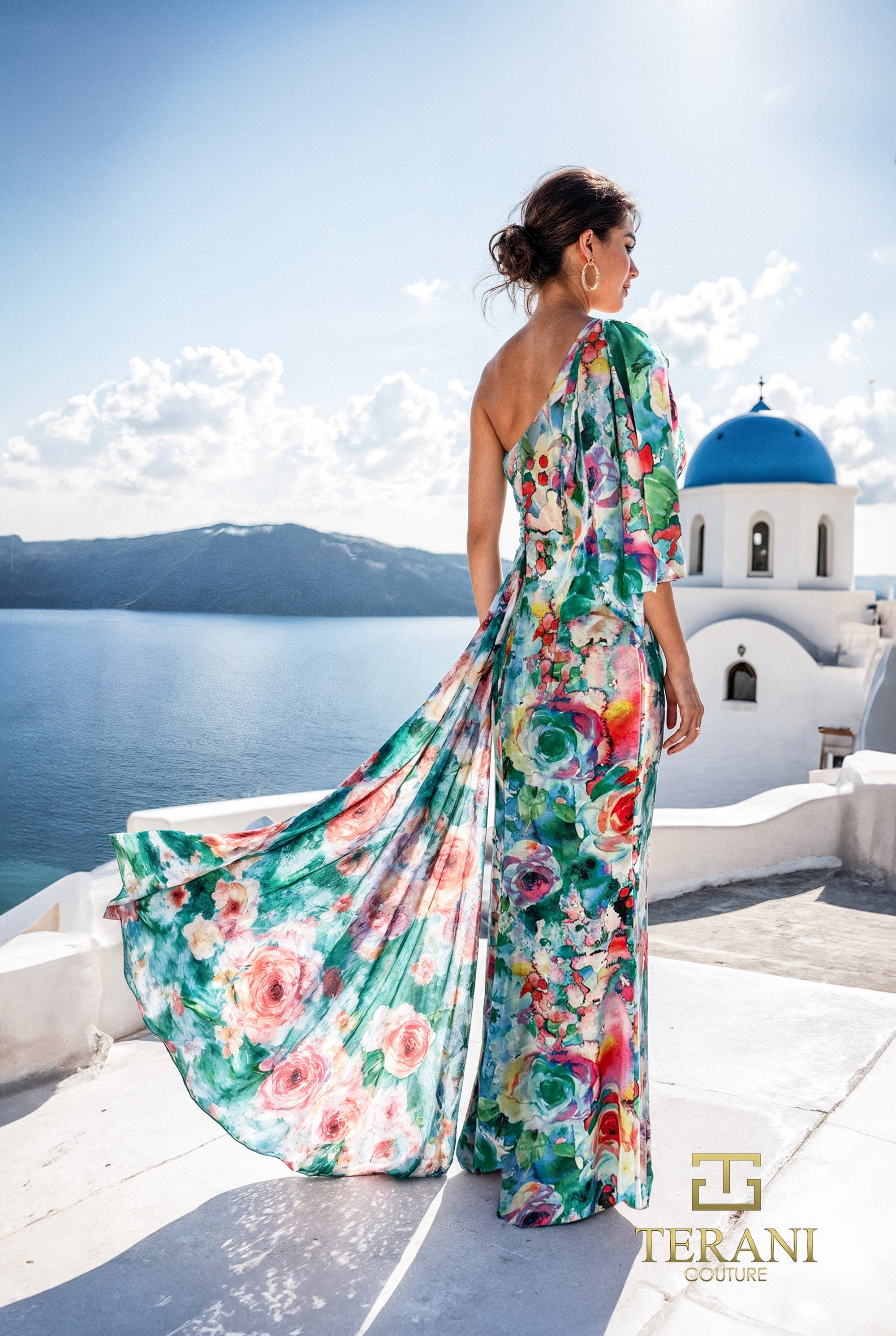 Terani Couture 261E6646 Glamorous Column Pleated Draped Evening Printed Chiffon Dress