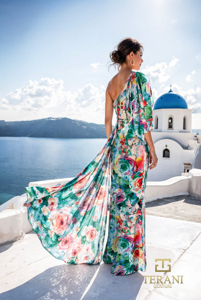 Terani Couture 261E6646 Glamorous Column Pleated Draped Evening Printed Chiffon Dress