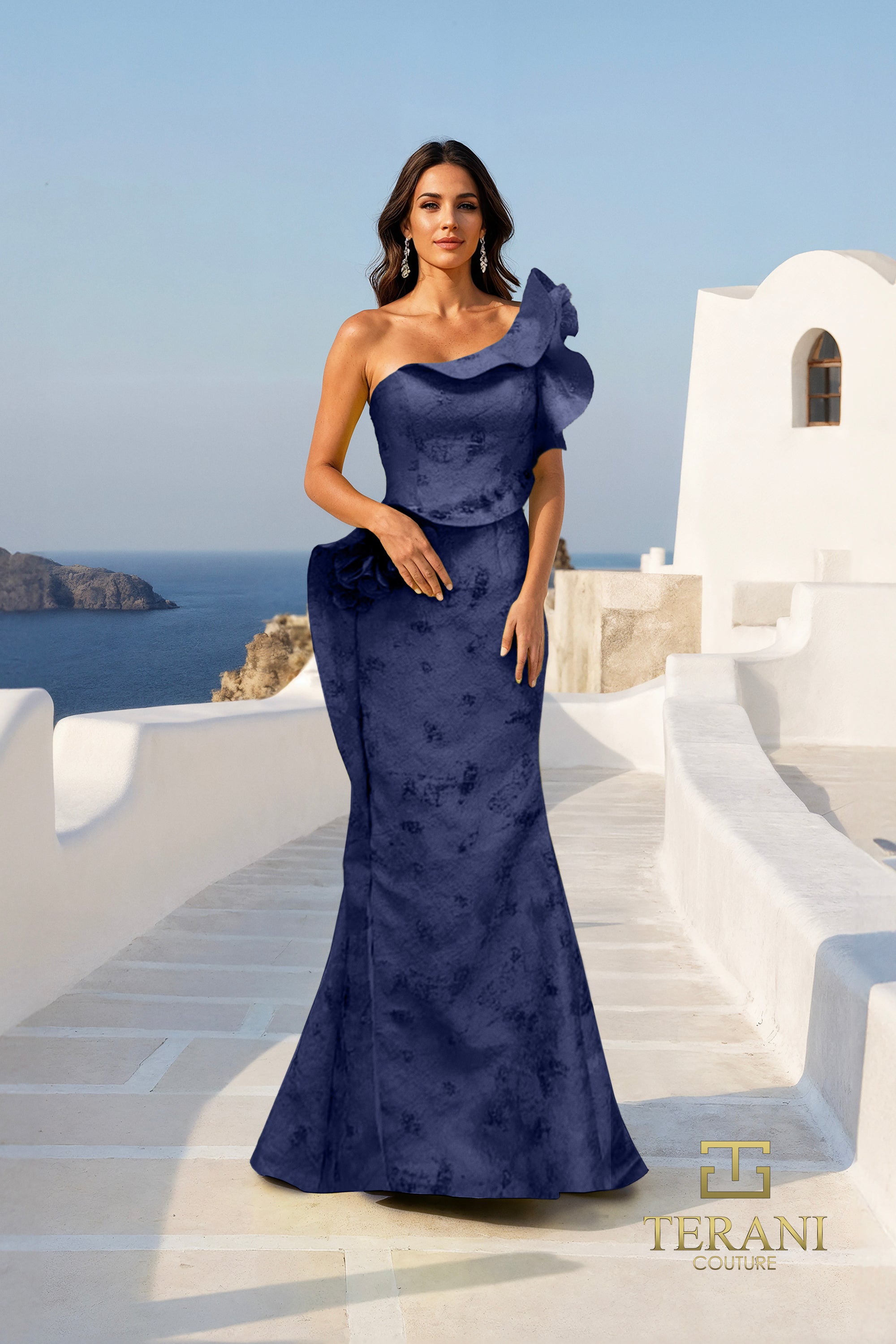 Terani Couture 261E6678 - Ruffled Asymmetric Neck Jacquard Gown In Blue