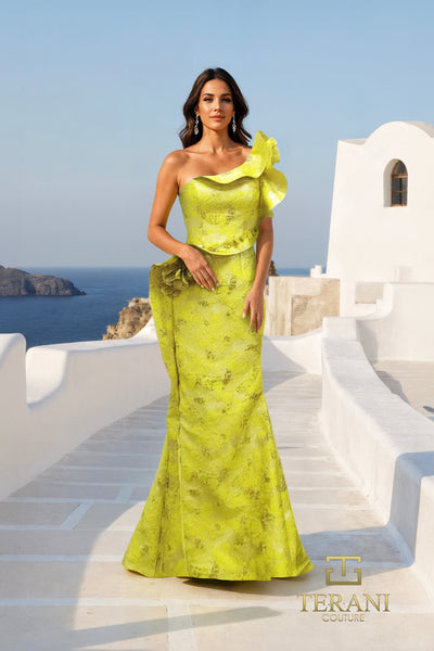 Terani Couture 261E6678 - Ruffled Asymmetric Neck Jacquard Gown In Yellow