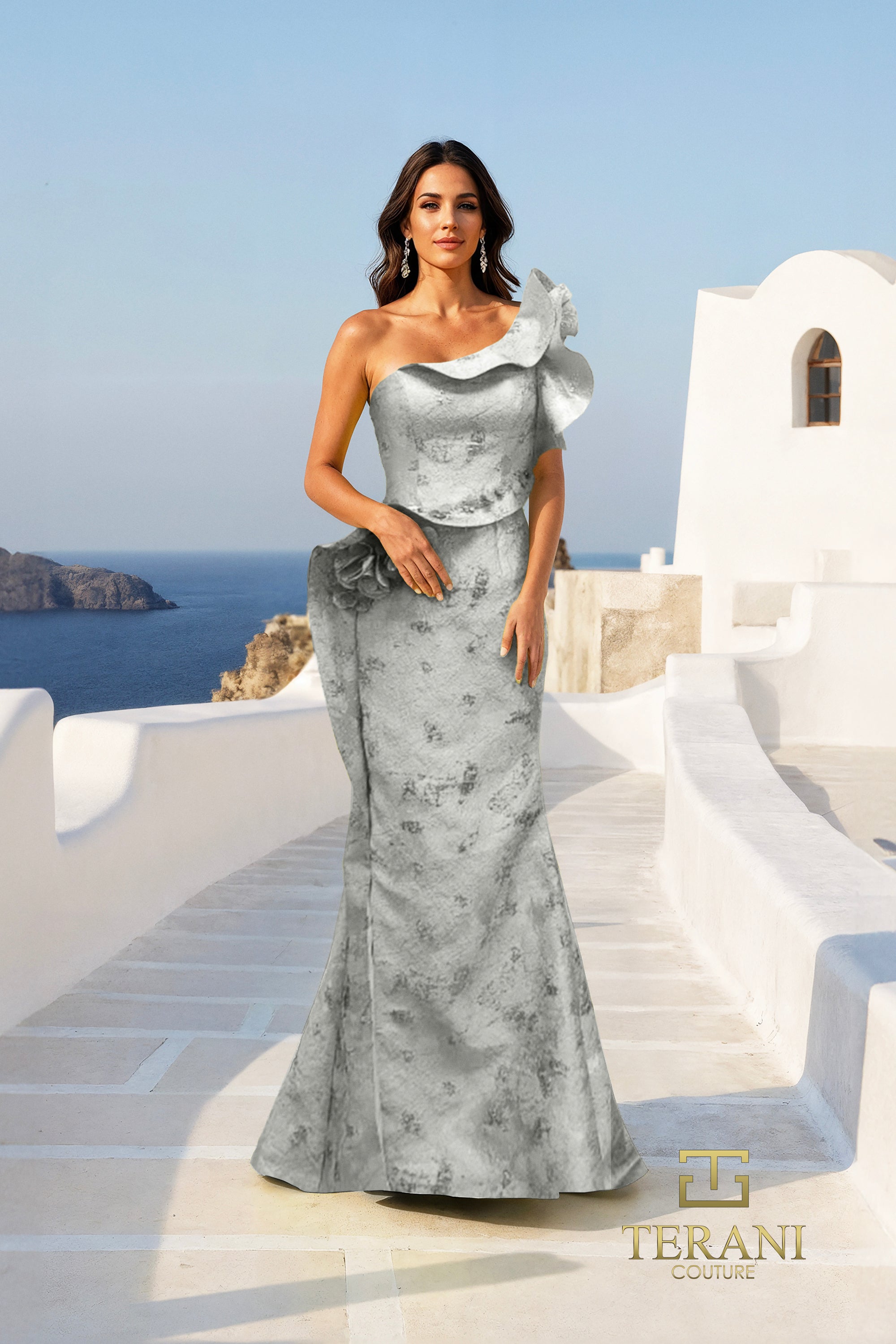 Terani Couture 261E6678 - Ruffled Asymmetric Neck Jacquard Gown In Silver