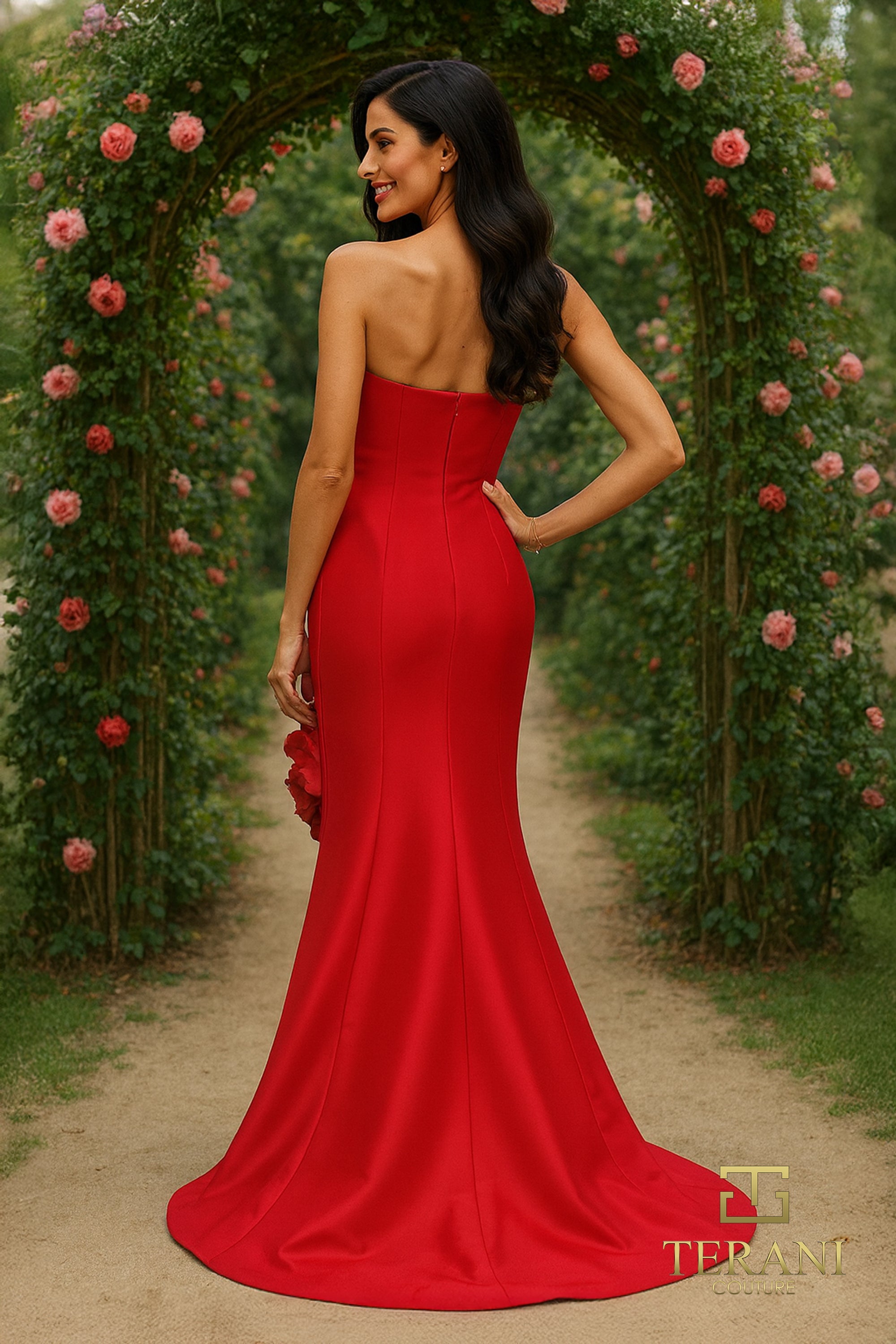 Terani Couture 261E6698 Strapless Mermaid Floral Applique Formal Stretch Mikado Dress