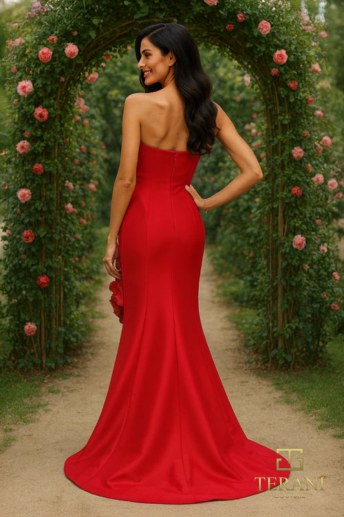 Terani Couture 261E6698 Strapless Mermaid Floral Applique Formal Stretch Mikado Dress
