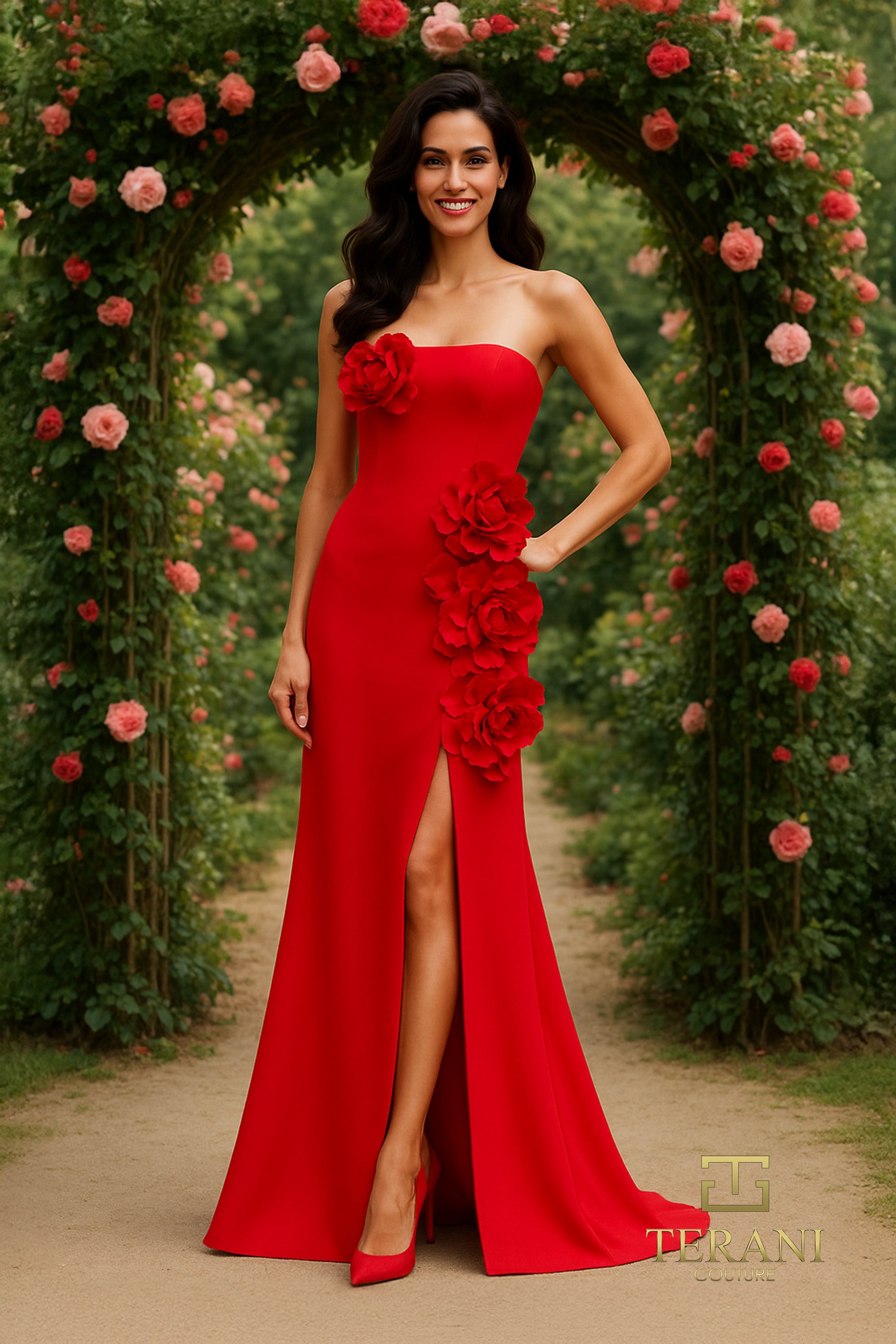Terani Couture 261E6698 - Stretch Mikado Straight Neck Mermaid Gown In Red