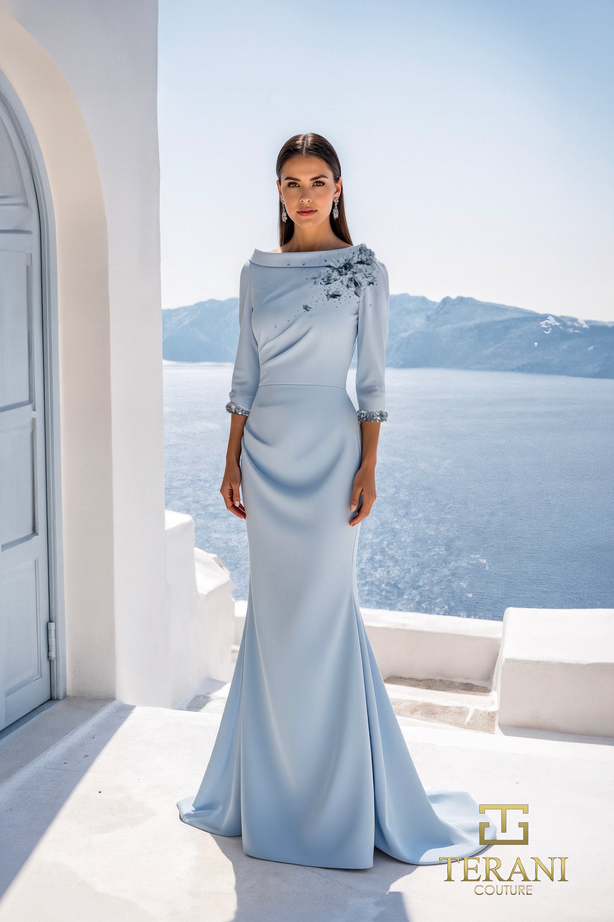 Terani Couture 261E6701 - Embellished Bateau Crepe Sheath Gown In Blue