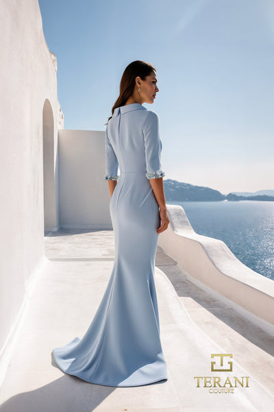 Terani Couture 261E6701 Glamorous Formal Bateau Sheath 3/4 Sleeve Evening Crepe Dress