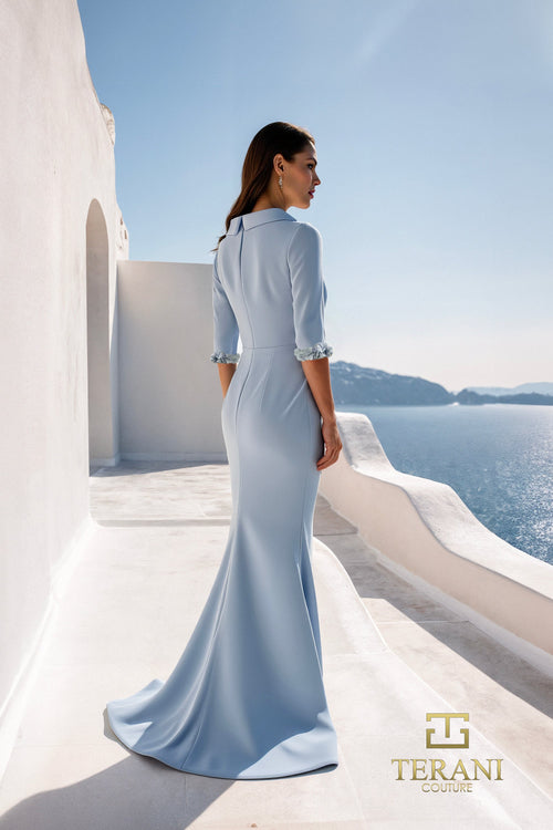 Terani Couture 261E6701 Glamorous Formal Bateau Sheath 3/4 Sleeve Evening Crepe Dress