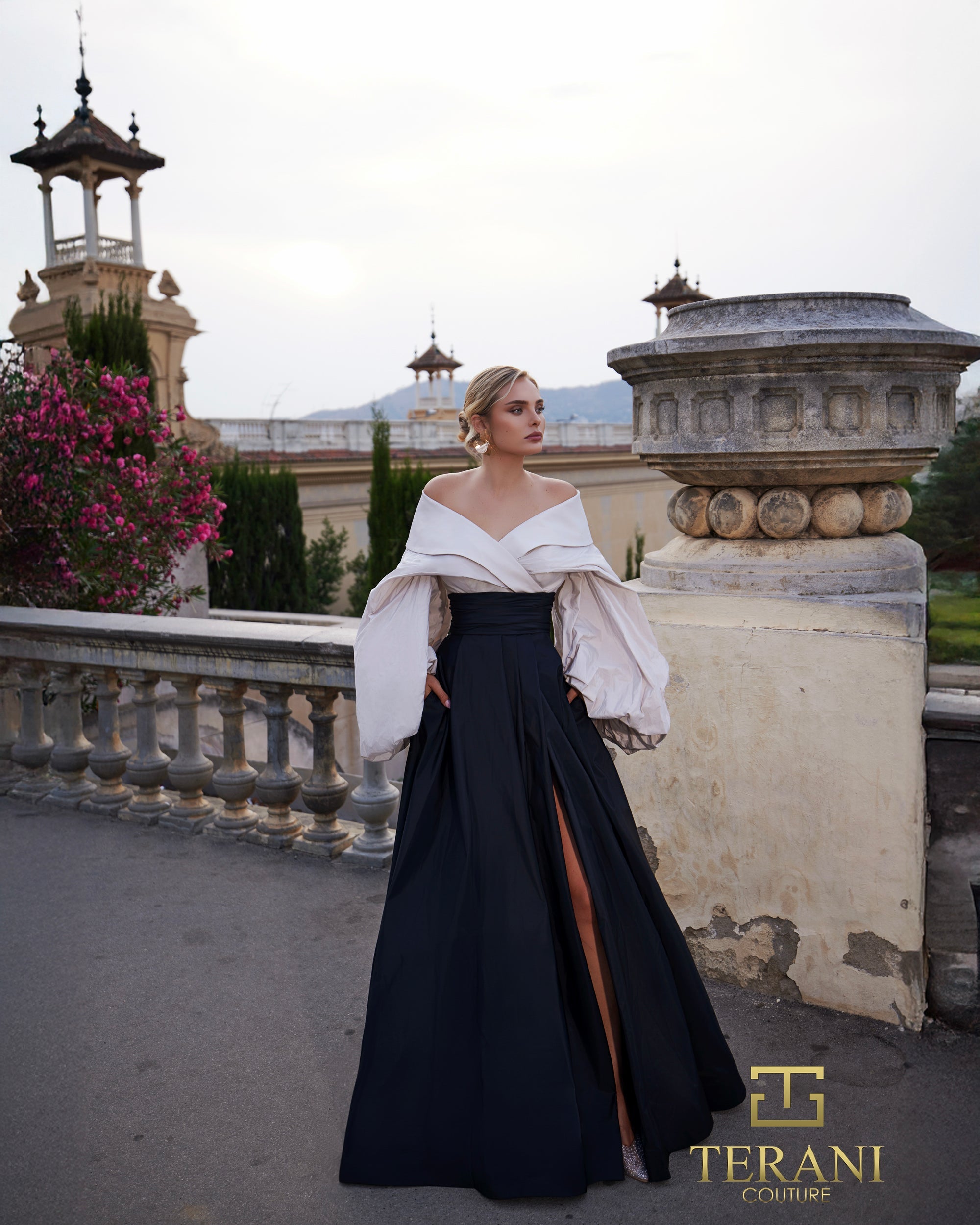 terani couture off the shoulder dress Terani Couture 261E6720 Sophisticated Formal Off-Shoulder Slit Evening Taffeta Dress