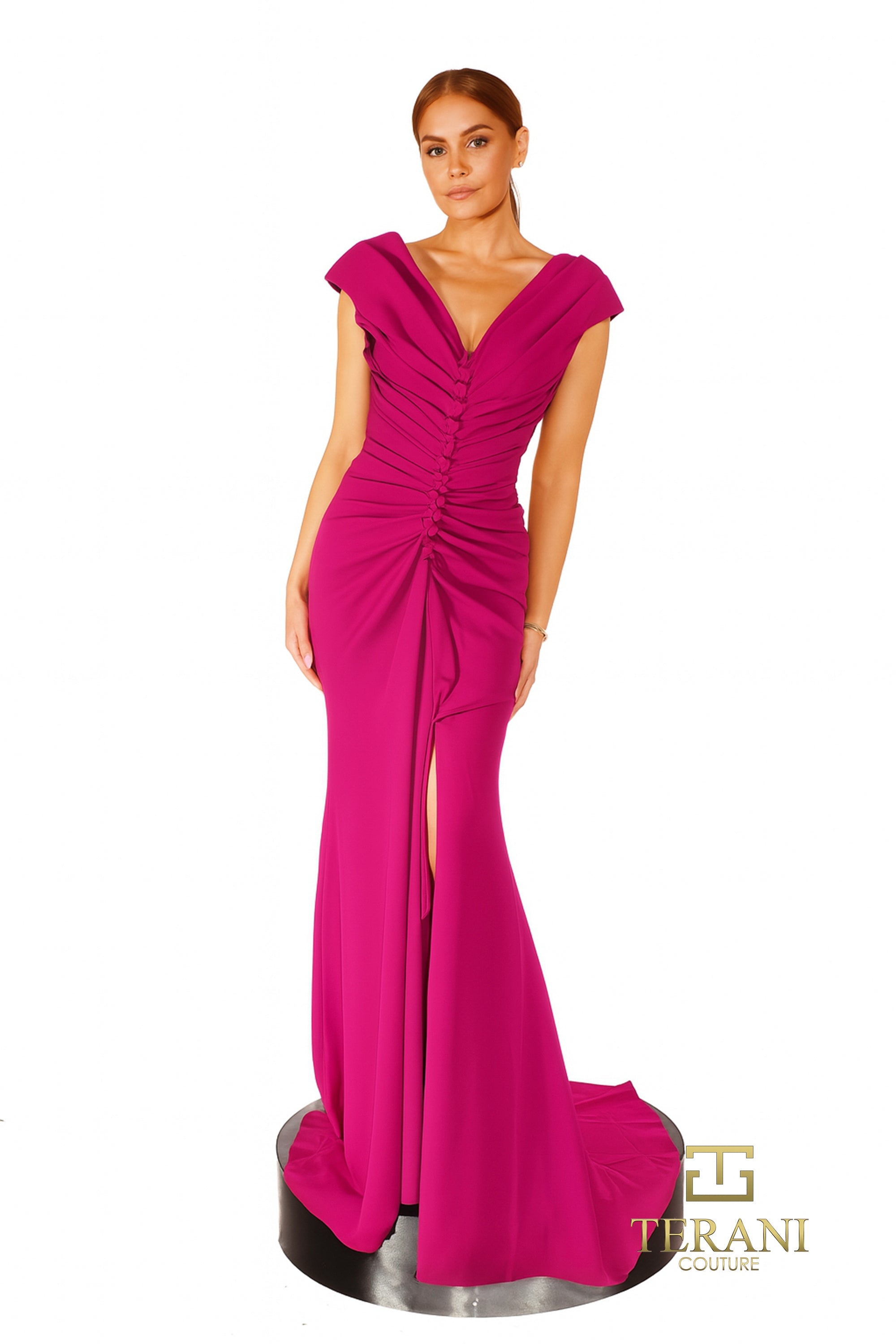 Terani Couture 261E6721 Sophisticated Elegant Formal Sheath Slit Evening Crepe Dress
