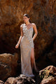 Prom Dresses Beaded Long Formal Fitted Slit Prom Dress Champagne