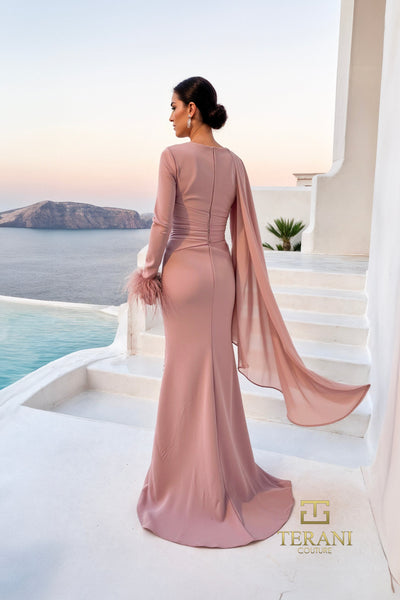 Terani Couture 261M6403 Elegant Formal Sheath Cape Long Sleeve Evening Chiffon Dress