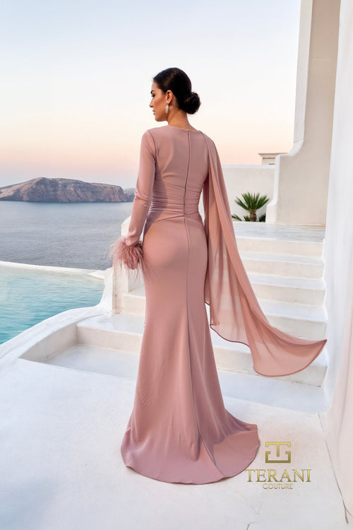 Terani Couture 261M6403 Elegant Formal Sheath Cape Long Sleeve Evening Chiffon Dress