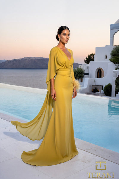 Terani Couture 261M6403 - Feather Cuff V-Neck Chiffon Evening Dress In Yellow