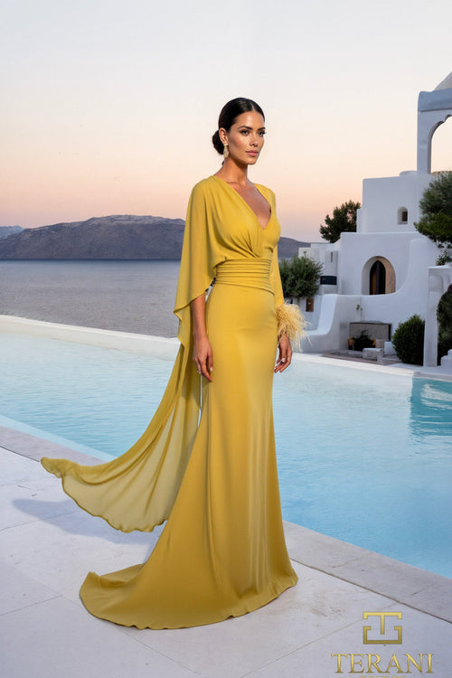 Terani Couture 261M6403 - Feather Cuff V-Neck Chiffon Evening Dress In Yellow