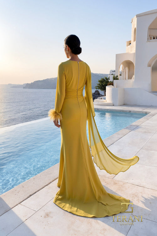 Terani Couture 261M6403 Elegant Formal Sheath Cape Long Sleeve Evening Chiffon Dress