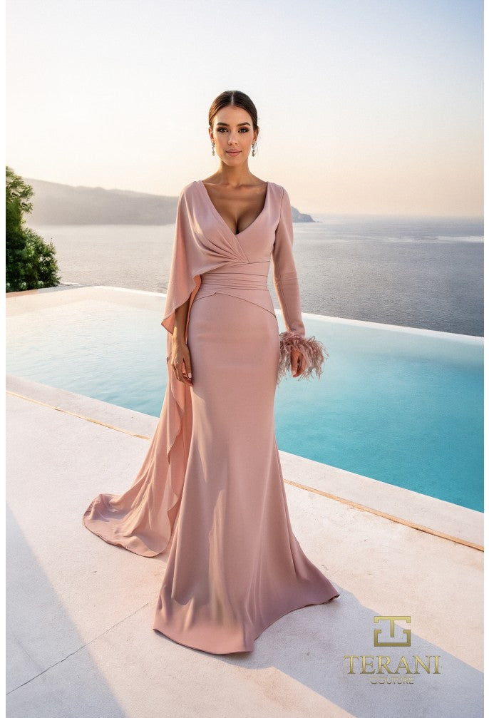 Terani Couture 261M6403 Glamorous Formal V-Neck Sheath Draped Cape Long Chiffon Dress