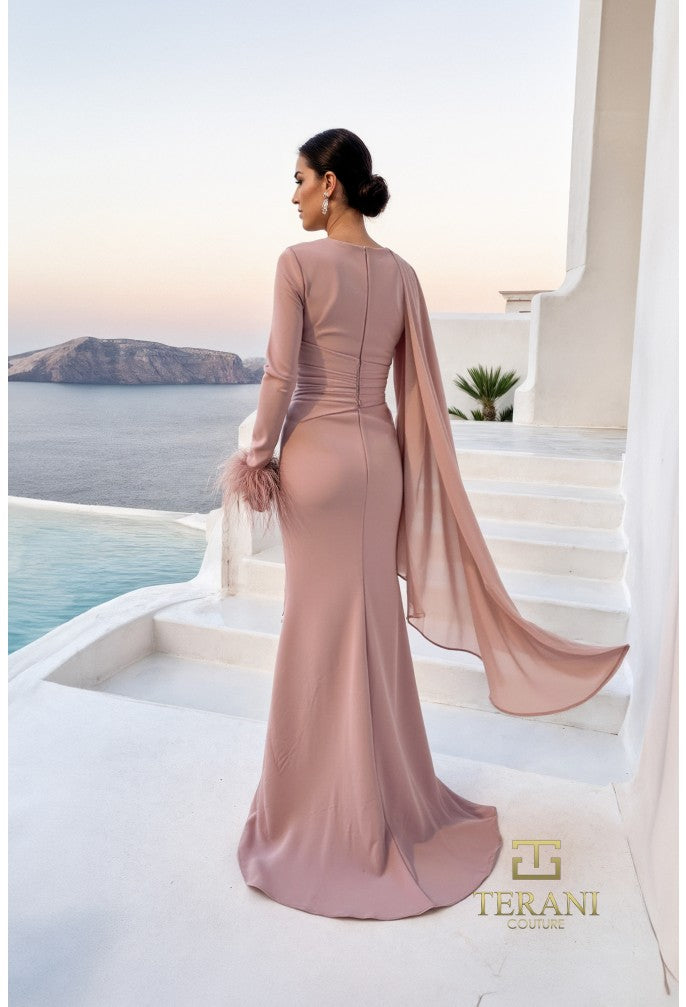 Terani Couture 261M6403 Glamorous Formal V-Neck Sheath Draped Cape Long Chiffon Dress