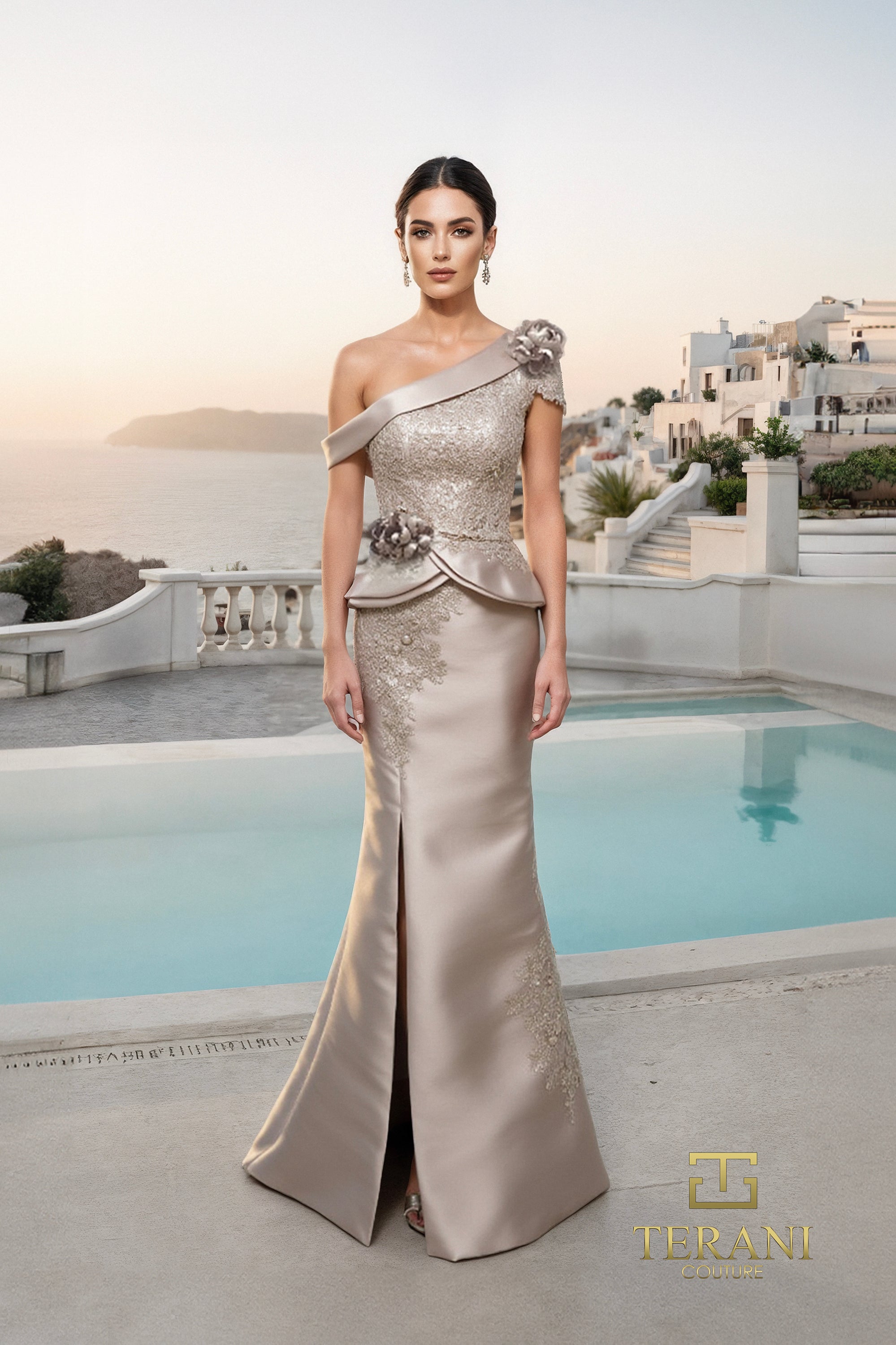 Terani Couture 261M6408 - One Shoulder Satin Peplum Gown In Brown