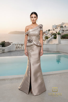 Terani Couture 261M6408 Elegant Evening One-Shoulder Sheath Long Formal Mikado Dress