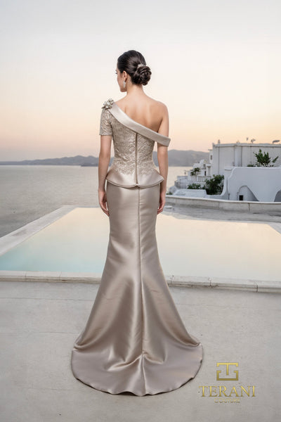 Terani Couture 261M6408 Elegant Evening One-Shoulder Sheath Long Formal Mikado Dress
