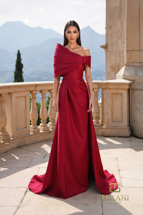 Terani Couture 261M6415 Glamorous Strapless A-Line Pleated Evening Matte Satin Dress