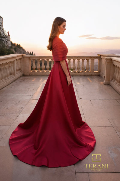 Terani Couture 261M6415 Glamorous Strapless A-Line Pleated Evening Matte Satin Dress