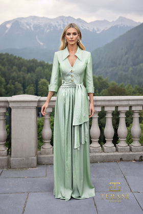 Terani Couture 261M6418 Sophisticated A-Line Draped 3/4 Sleeve Evening Taffeta Dress