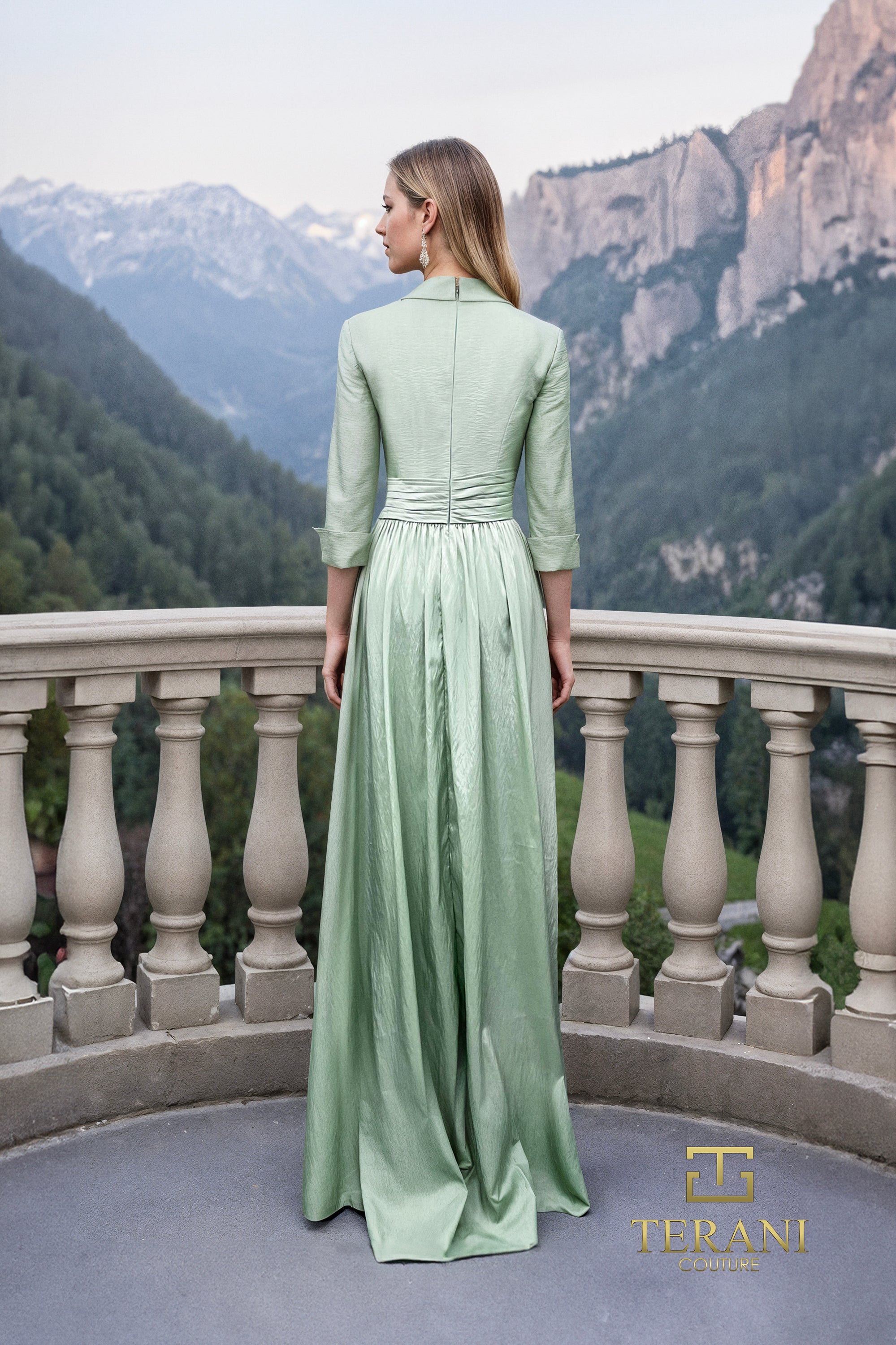 Terani Couture 261M6418 Sophisticated A-Line Draped 3/4 Sleeve Evening Taffeta Dress