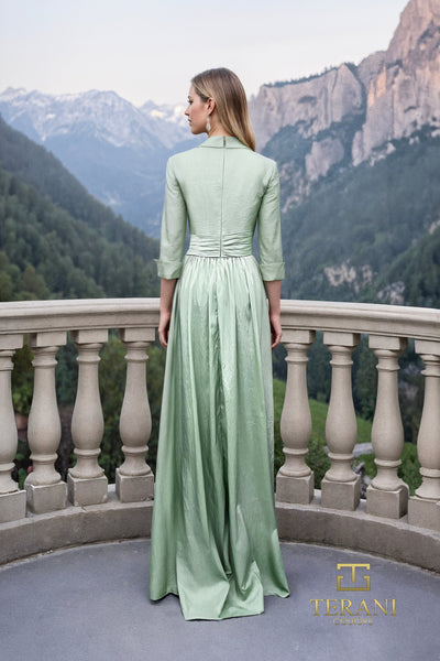 Terani Couture 261M6418 Sophisticated A-Line Draped 3/4 Sleeve Evening Taffeta Dress