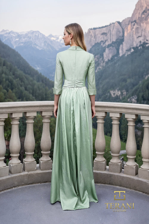 Terani Couture 261M6418 Sophisticated A-Line Draped 3/4 Sleeve Evening Taffeta Dress