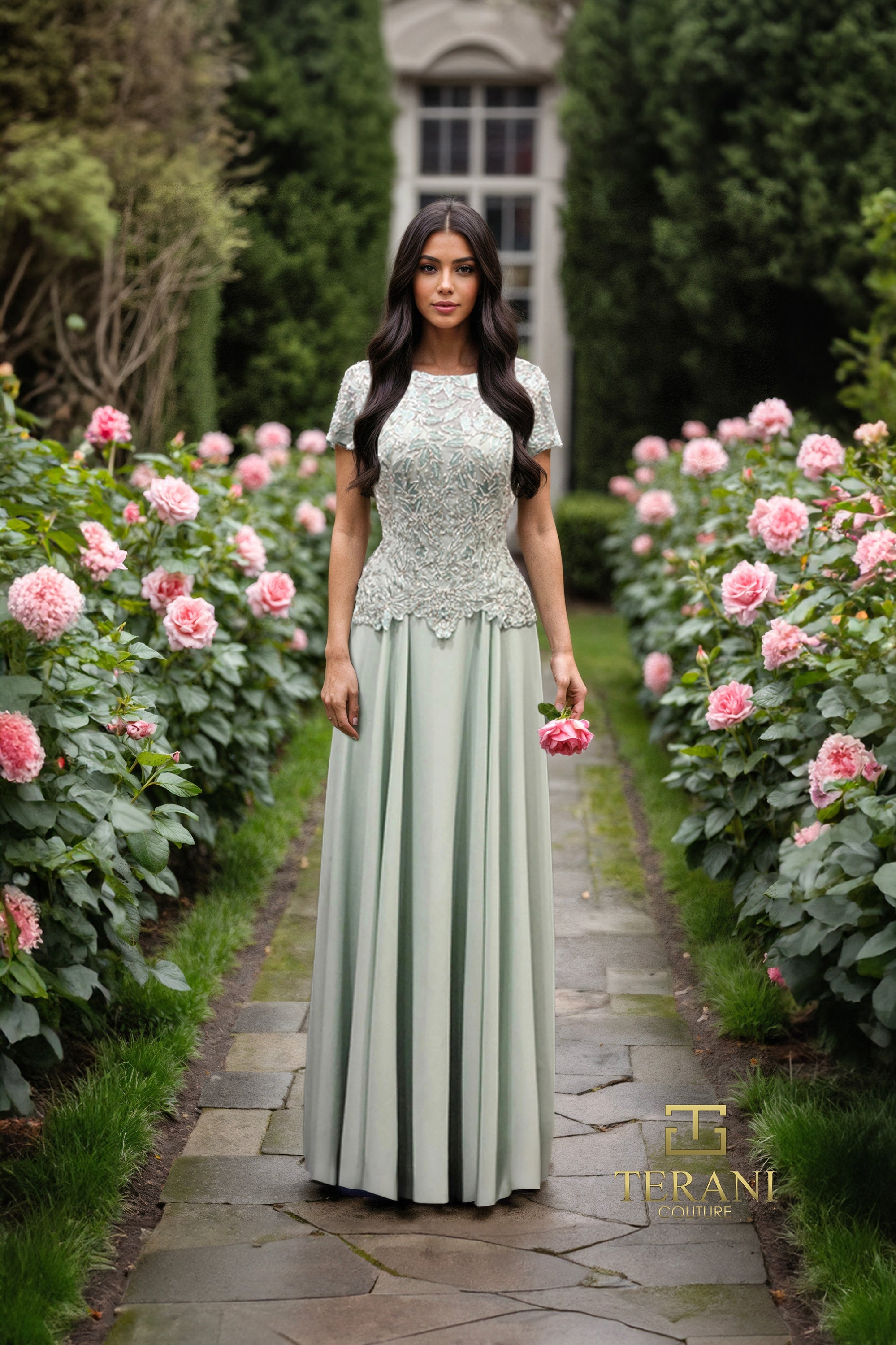 Terani Couture 261M6437 - Beaded Lace Jewel Neckline Evening Gown In Green