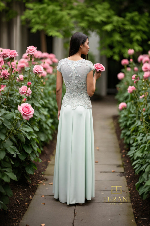 Terani Couture 261M6437 Elegant Formal A-Line Beaded Cap Sleeve Evening Chiffon Dress