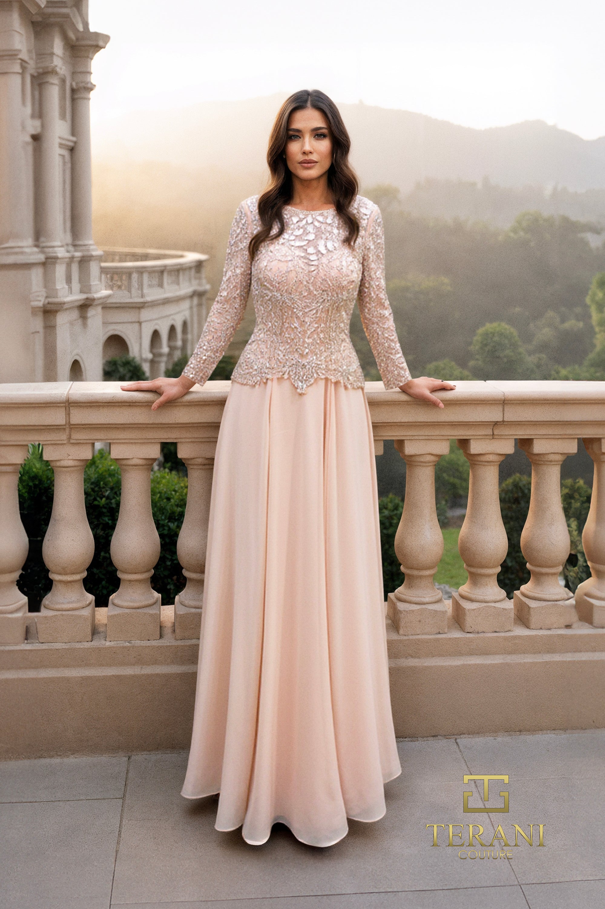 Terani Couture 261M6439 - Embroidered Top Long Sleeve Chiffon Gown In Neutral