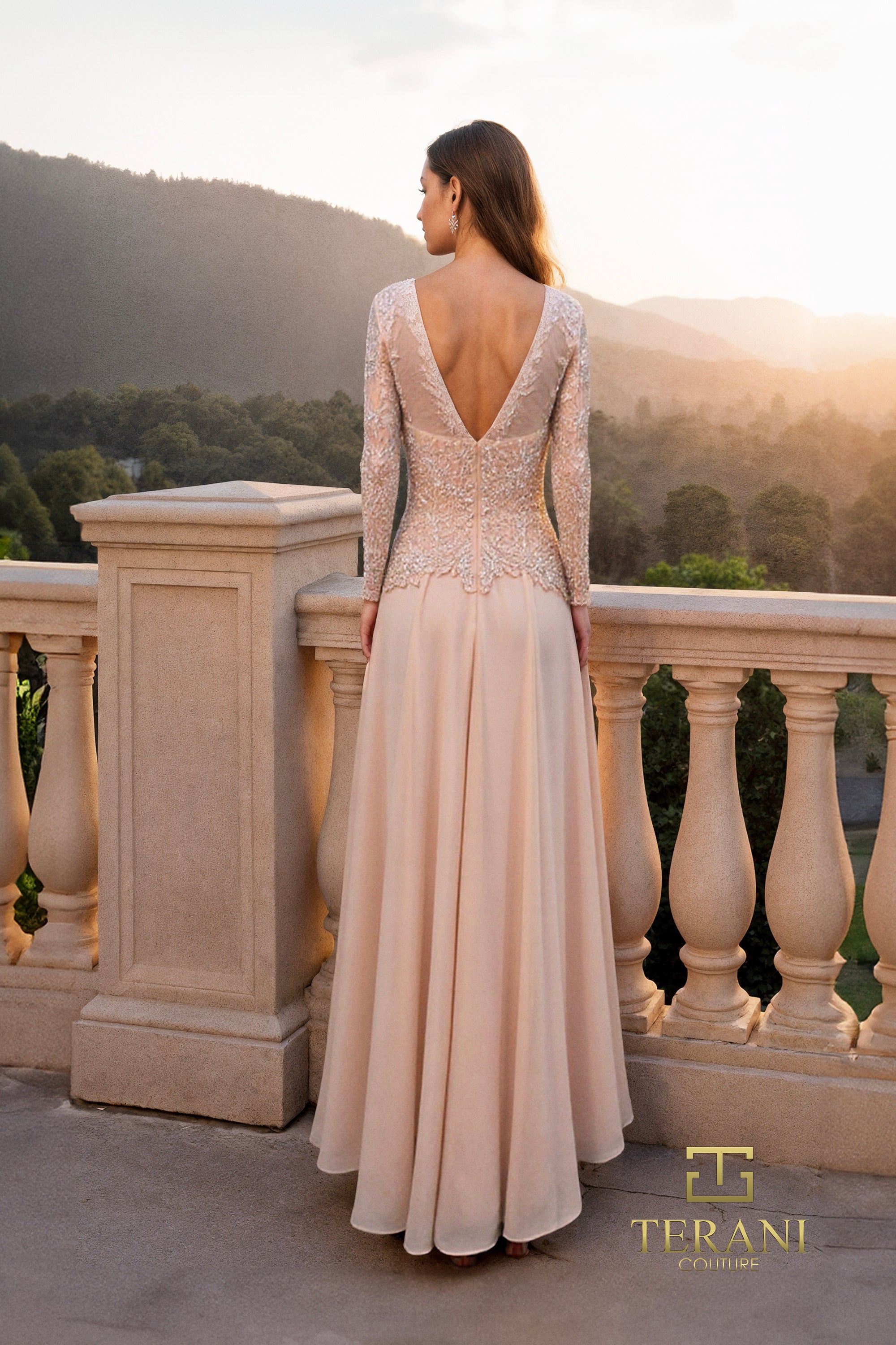 Terani Couture 261M6439 Sophisticated Formal A-Line Long Sleeve Evening Chiffon Dress