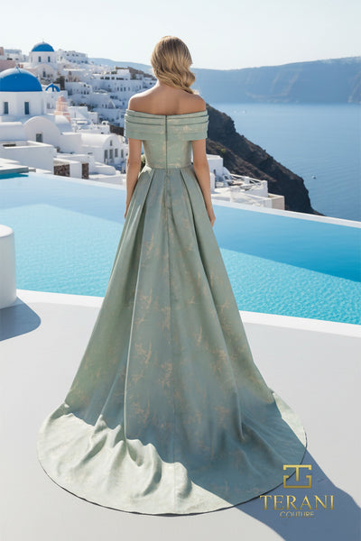 Terani Couture 261M6444 Red Carpet Evening Off-Shoulder A-Line Pleated Jacquard Dress