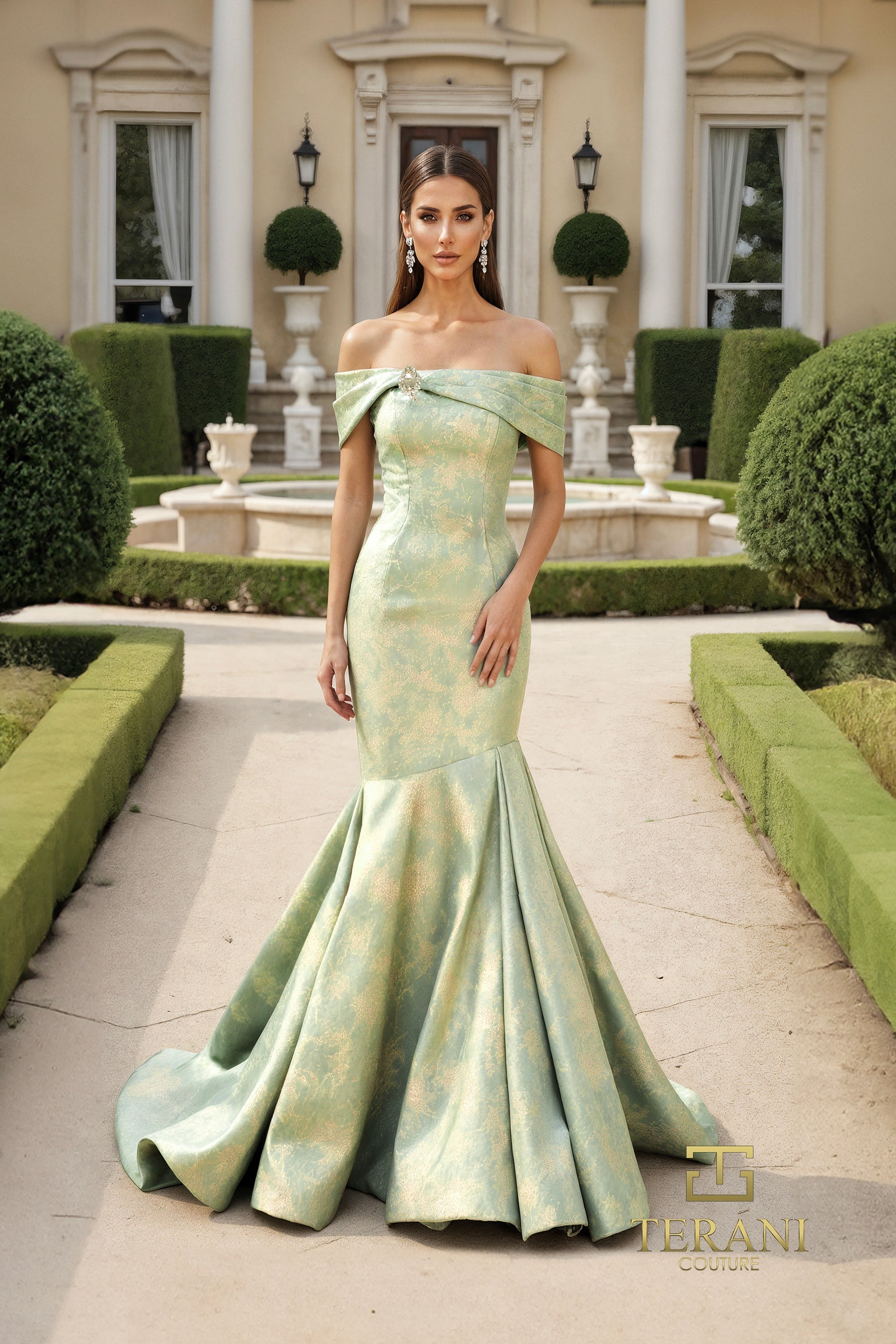 Terani Couture 261M6445 - Brocade Off Shoulder Evening Dress In Green and Gold