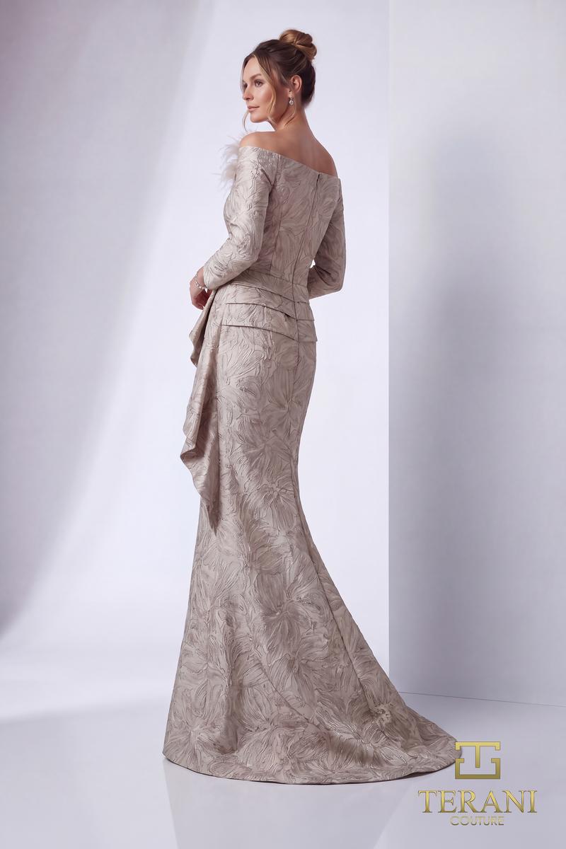 Terani Couture 261M6448 Evening Trumpet Floral Applique Pleated Formal Jacquard Dress