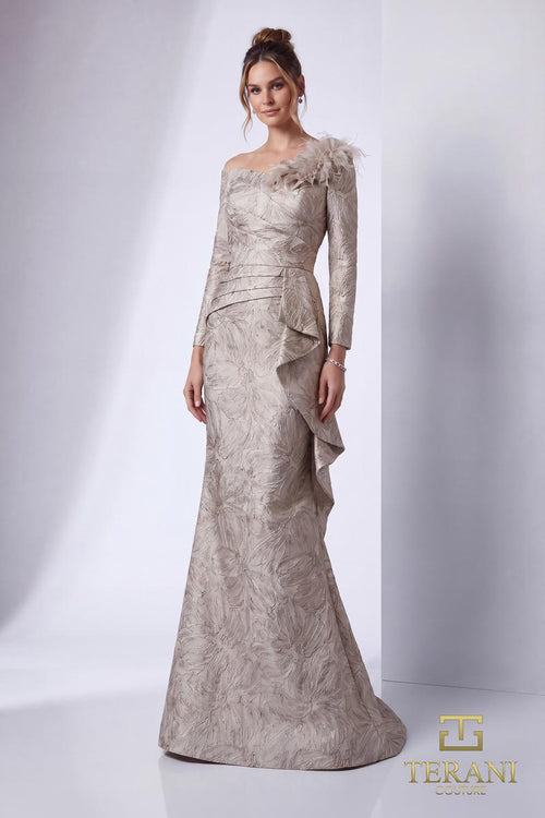 Terani Couture 261M6448 Evening Trumpet Floral Applique Pleated Formal Jacquard Dress