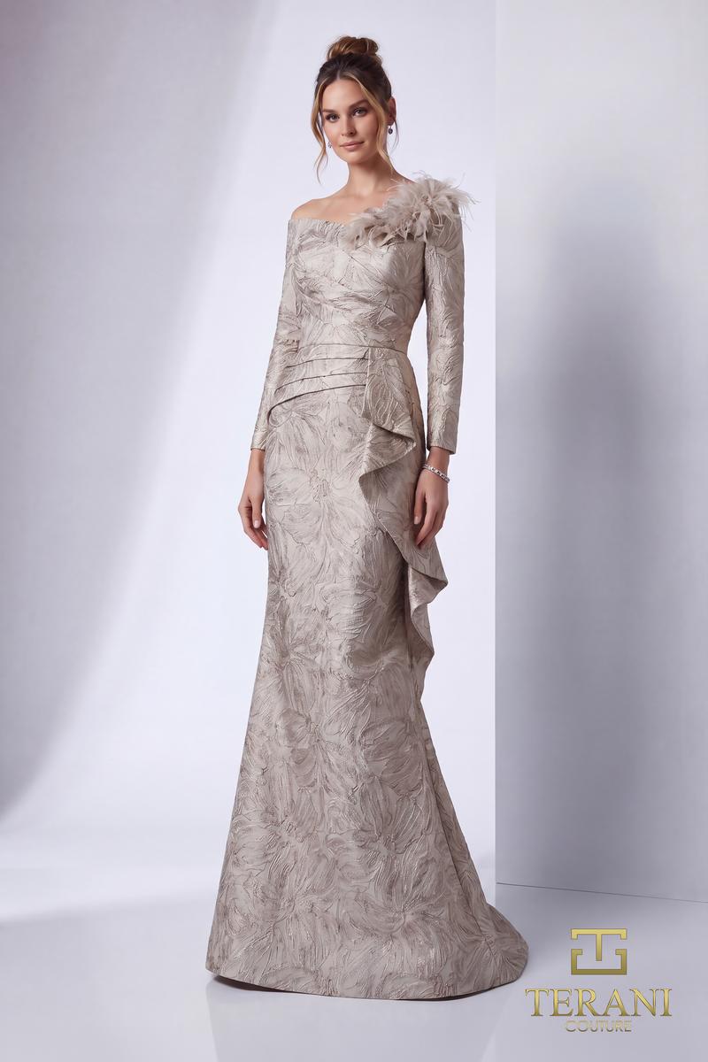 Terani Couture 261M6448 Evening Trumpet Floral Applique Pleated Formal Jacquard Dress