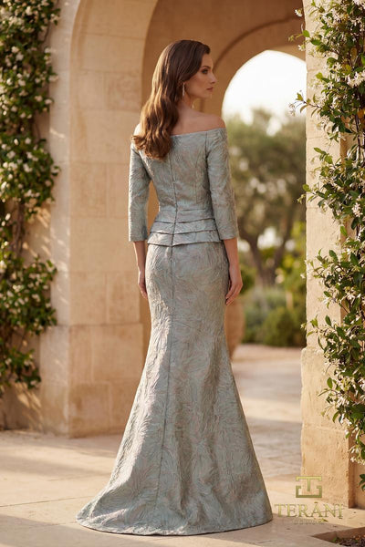 Terani Couture 261M6448 Evening Trumpet Floral Applique Pleated Formal Jacquard Dress