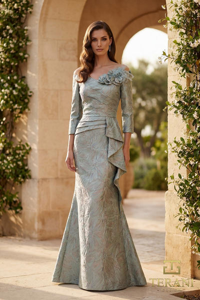 Terani Couture 261M6448 Evening Trumpet Floral Applique Pleated Formal Jacquard Dress