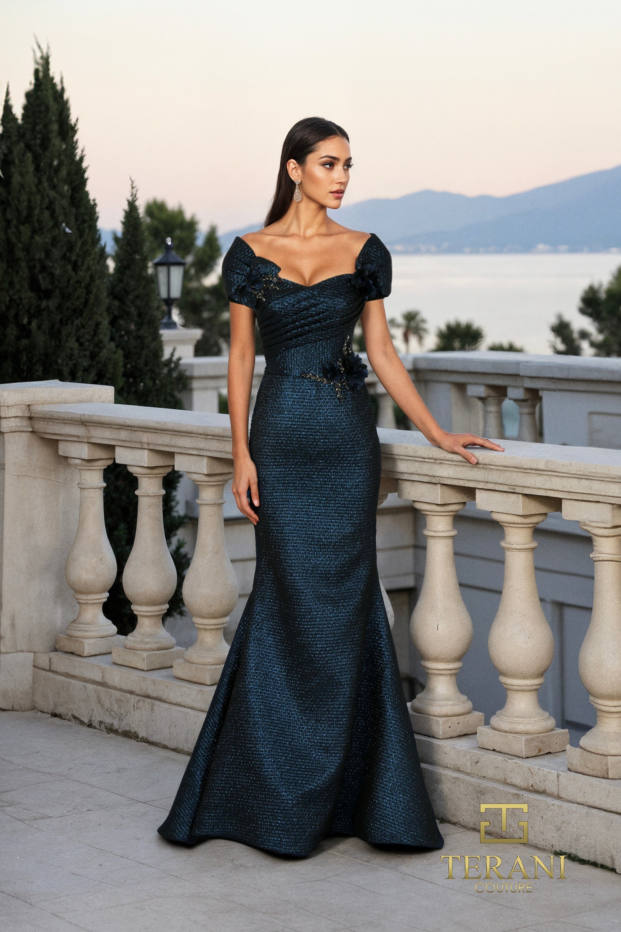 Terani Couture 261M6449 - Metallic Brocade Off Shoulder Mermaid Gown In Blue